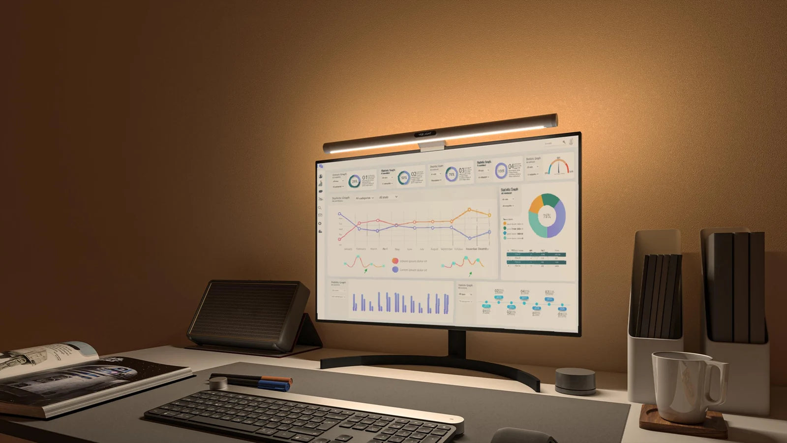 صورة Yeelight الأصلية للايت بار برو على مكتب مضاء